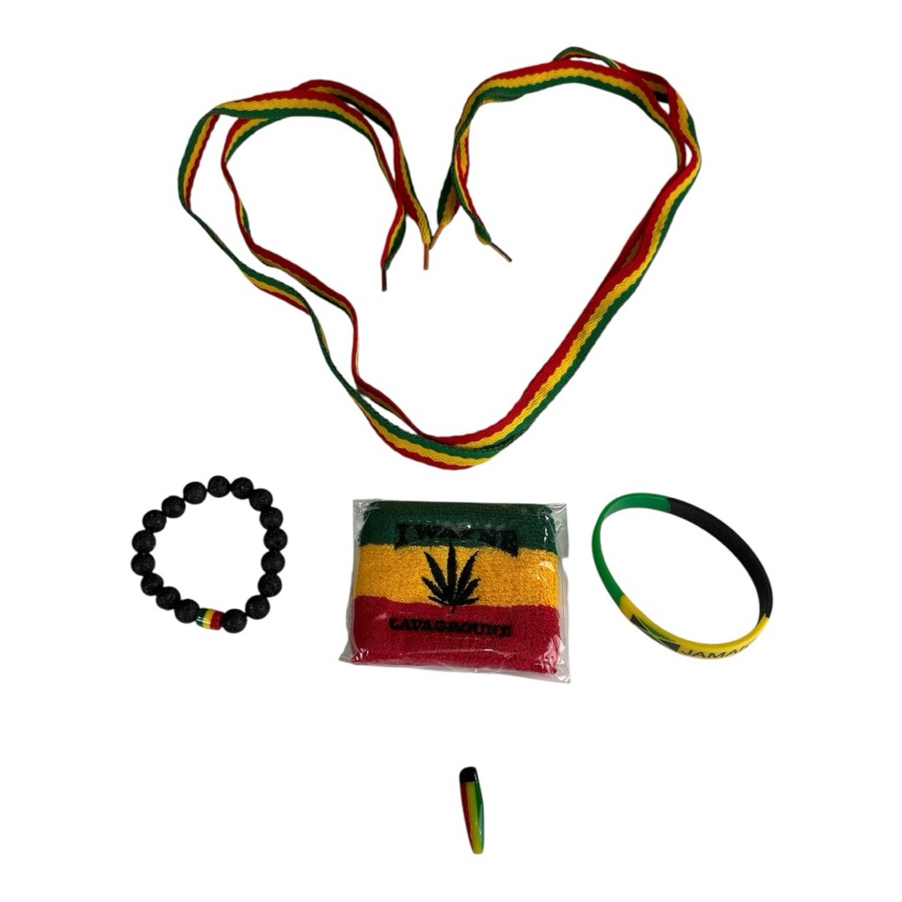 Rasta Themed Accessories Set of 5 shoelace armband bracelets, pendant